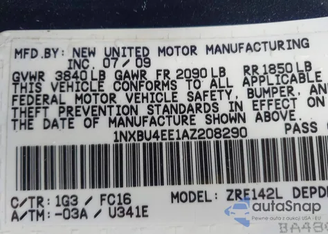 2010 Toyota Corolla Le z USA, uszkodzony, nr VIN 1NXBU4EE1AZ208290